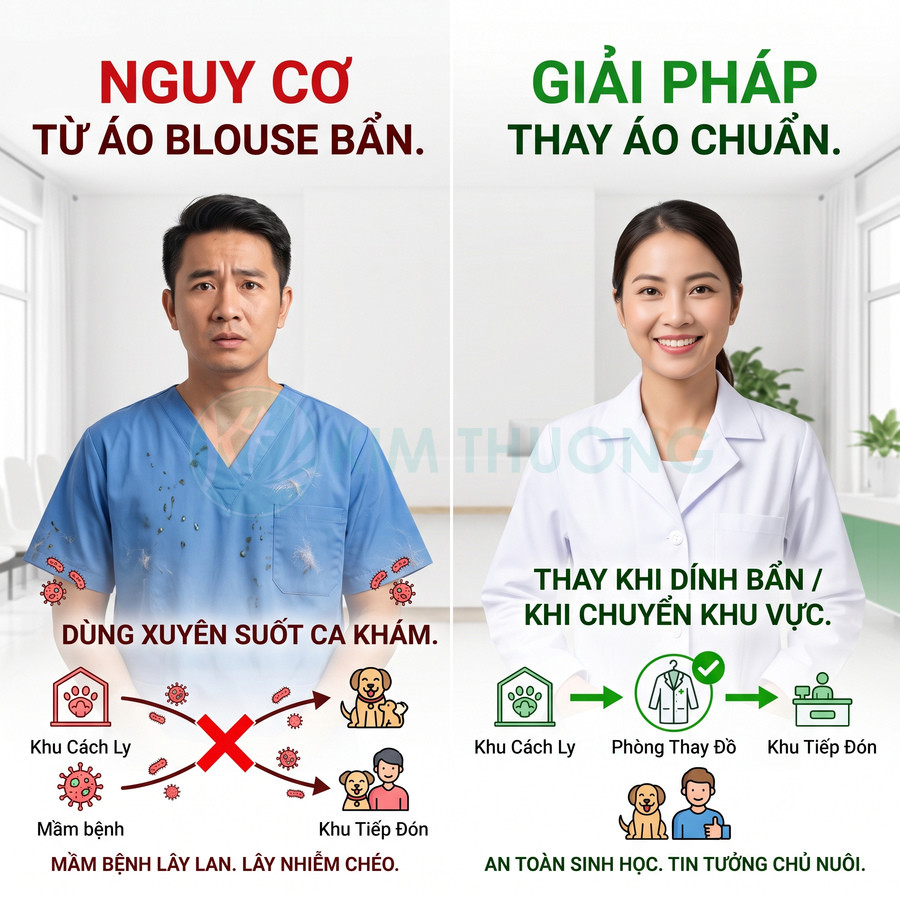 So sánh bác sĩ mặc áo blouse bẩn và áo blouse sạch, nhấn mạnh thay áo chuẩn để tránh lây nhiễm mầm bệnh